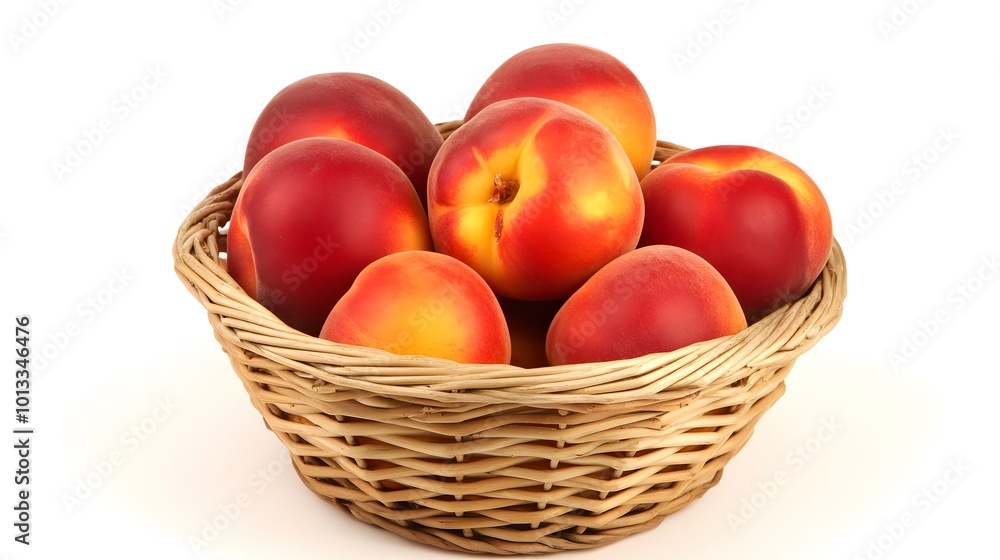 Realistic close-up of ripe nectarines in a wicker basket on a white background, showcasing their smooth skin and vibrant orange-red color Realistic close-up of ripe nectarines in a wicker basket on a white background, showcasing their smooth skin and vibrant orange-red color
