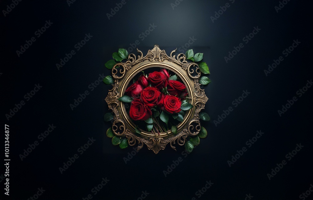 A bouquet of red roses are displayed in a vintage, ornate gold frame against a dark background. A bouquet of red roses are displayed in a vintage, ornate gold frame against a dark background.