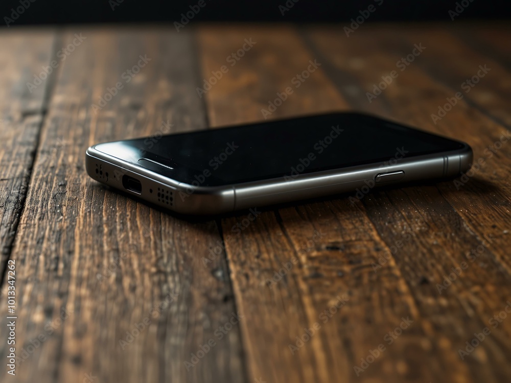Modern smartphone on a wooden table with an empty black screen. Modern smartphone on a wooden table with an empty black screen.