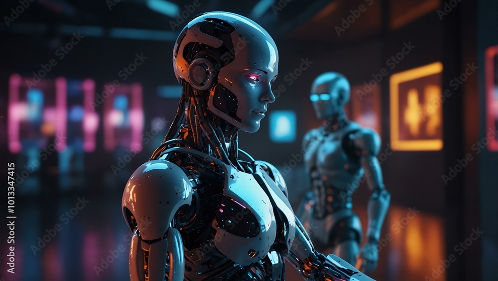 Modern tech scene featuring AI, robots, and digital interfaces with bright neon accents. Modern tech scene featuring AI, robots, and digital interfaces with bright neon accents.