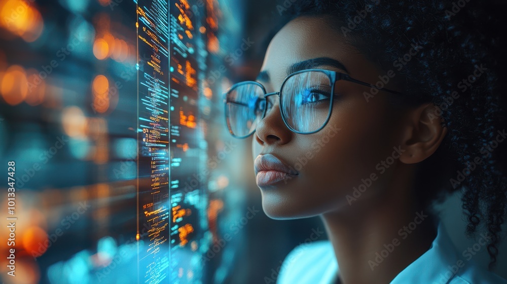 Female scientist wearing glasses analyzing glowing futuristic data on digital screens. Artificial intelligence research, advanced technology, and innovation in modern healthcare and scientific fields. Female scientist wearing glasses analyzing glowing futuristic data on digital screens. Artificial intelligence research, advanced technology, and innovation in modern healthcare and scientific fields.