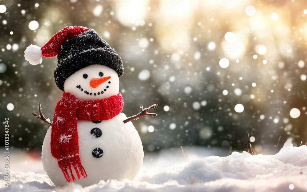 Funny snowman in stylish black hat and red scalf on snowy field. Merry Christmass and happy New Year! Funny snowman in stylish black hat and red scalf on snowy field. Merry Christmass and happy New Year!
