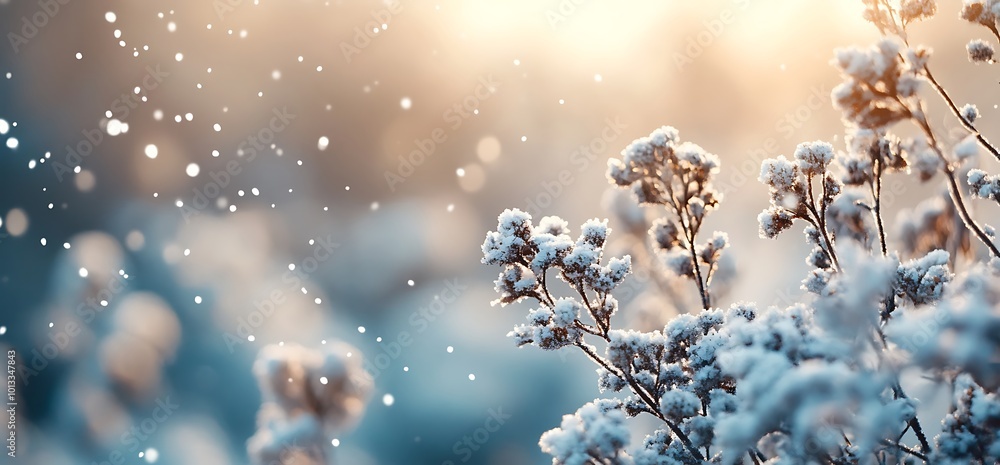 Close-up of snow-covered branches against a blurred background with falling snowflakes. Close-up of snow-covered branches against a blurred background with falling snowflakes.