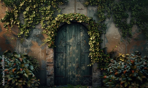 Mysterious garden door with ivy, 4K hyperrealistic photo