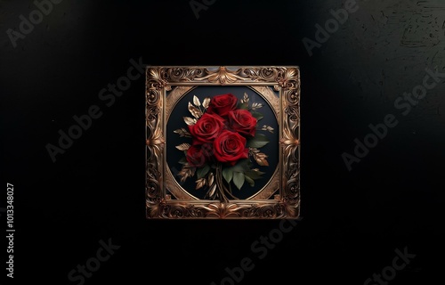 Vintage ornate gold frame against a dark background holds a bouquet of red roses.