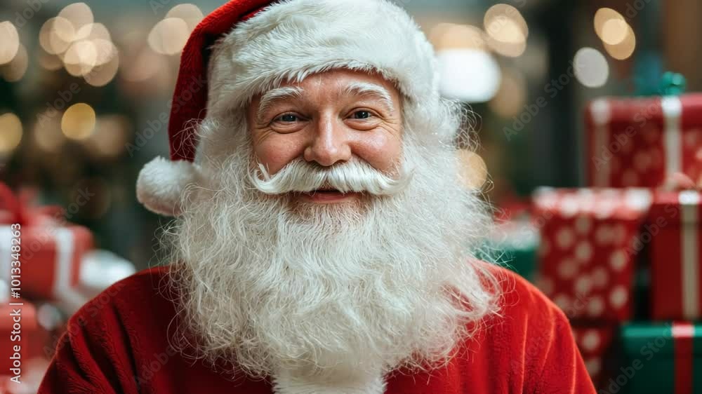 Smiling Caucasian male dressed as Santa Claus surrounded by gifts, embodying Christmas and holiday cheer Smiling Caucasian male dressed as Santa Claus surrounded by gifts, embodying Christmas and holiday cheer