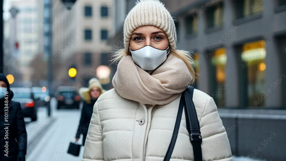 A Caucasian woman in a winter coat and mask walks through a city street, evoking concepts of winter comfort and urban safety A Caucasian woman in a winter coat and mask walks through a city street, evoking concepts of winter comfort and urban safety