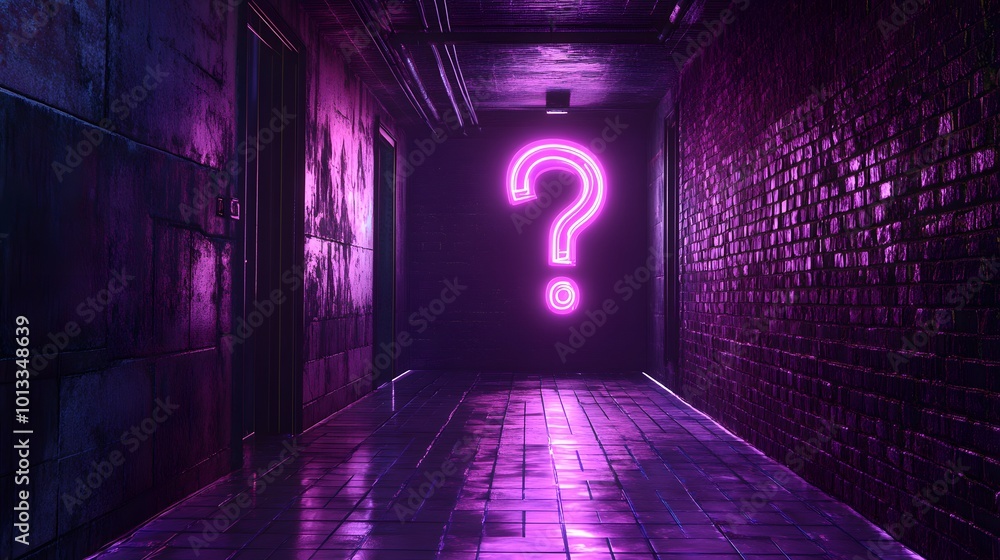 Mysterious neon question mark in dark hallway Mysterious neon question mark in dark hallway