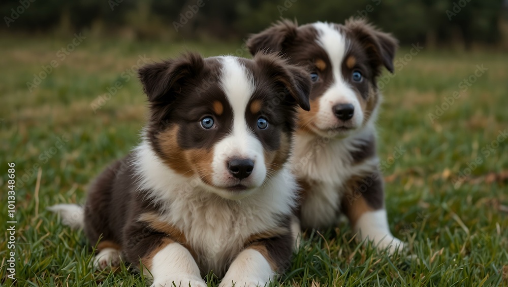 More playful Australian Shepherd puppies in a field. More playful Australian Shepherd puppies in a field.
