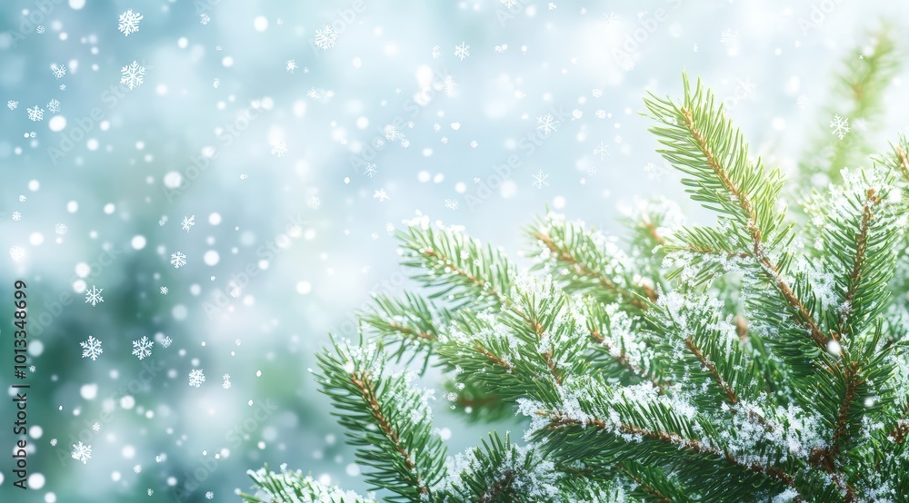 Green fir branches with softly falling snowflakes against a frosty winter morning background, creating a fresh and festive mood Green fir branches with softly falling snowflakes against a frosty winter morning background, creating a fresh and festive mood