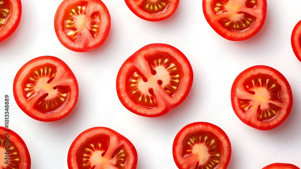Realistic spread of halved tomatoes on a white background, showcasing their juicy red interior and smooth skin Realistic spread of halved tomatoes on a white background, showcasing their juicy red interior and smooth skin