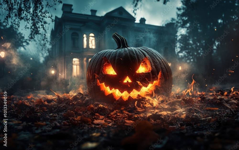 Naklejka premium Halloween. Jack o lantern on house background. Night halloween
