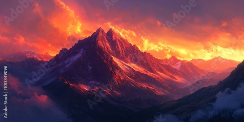 A majestic mountain peak illuminated by a fiery sunset, with a sky filled with vibrant orange and yellow clouds.