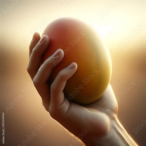 A hand gently holds a ripe Mulgoba mango, showcasing its smooth texture and fine skin lines against a softly blurred neutral background, emphasizing the fruit's natural beauty.