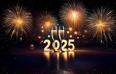 Two champagne glasses with golden 2025 in front of a festive, shimmering, firework display.