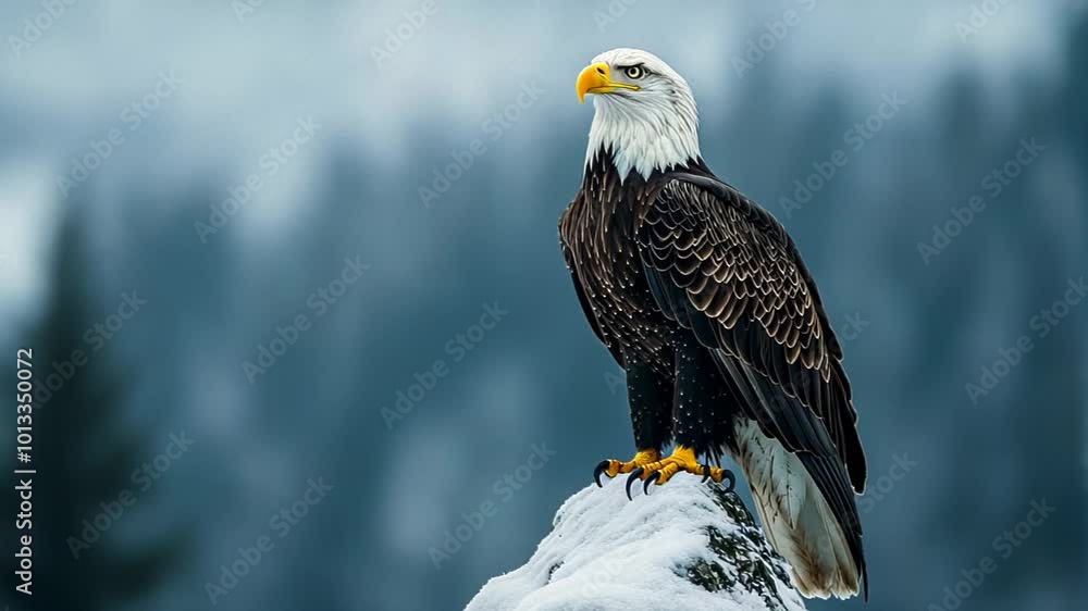 Majestic bald eagle perched on a snowy rock, symbolizing freedom and independence, perfect for Fourth of July themes Majestic bald eagle perched on a snowy rock, symbolizing freedom and independence, perfect for Fourth of July themes