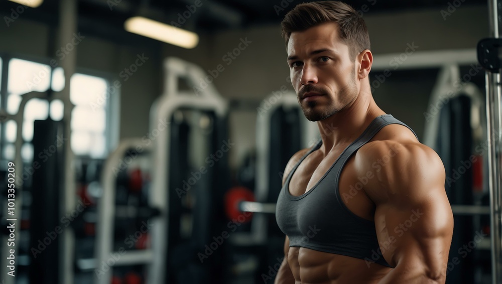 Muscular man confidently posing in a brightly lit gym. Muscular man confidently posing in a brightly lit gym.