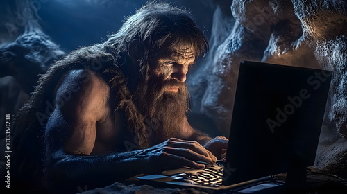 A caveman working at a computer. 