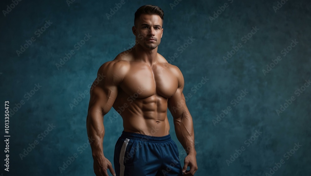 Fototapeta premium Muscular man posing in a fitness studio against a blue background.