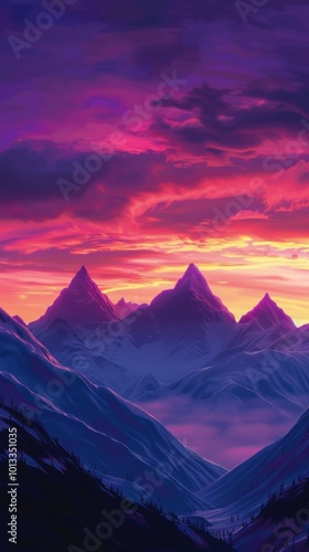 Grandiose peaks silhouetted against the vibrant canvas of a sunrise sky, 4K hyperrealistic photo