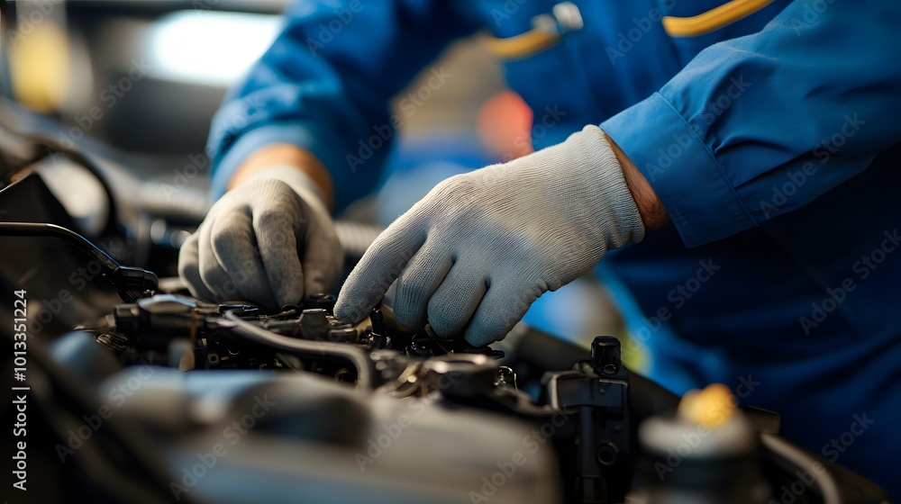 Mechanic repairing car engine Mechanic repairing car engine