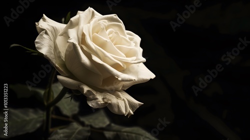 Close-up of a single white rose on a black background, symbolizing mourning and remembrance, slightly wilted to emphasize the somber theme. photo