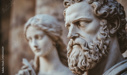 Stone statues of a man and woman.