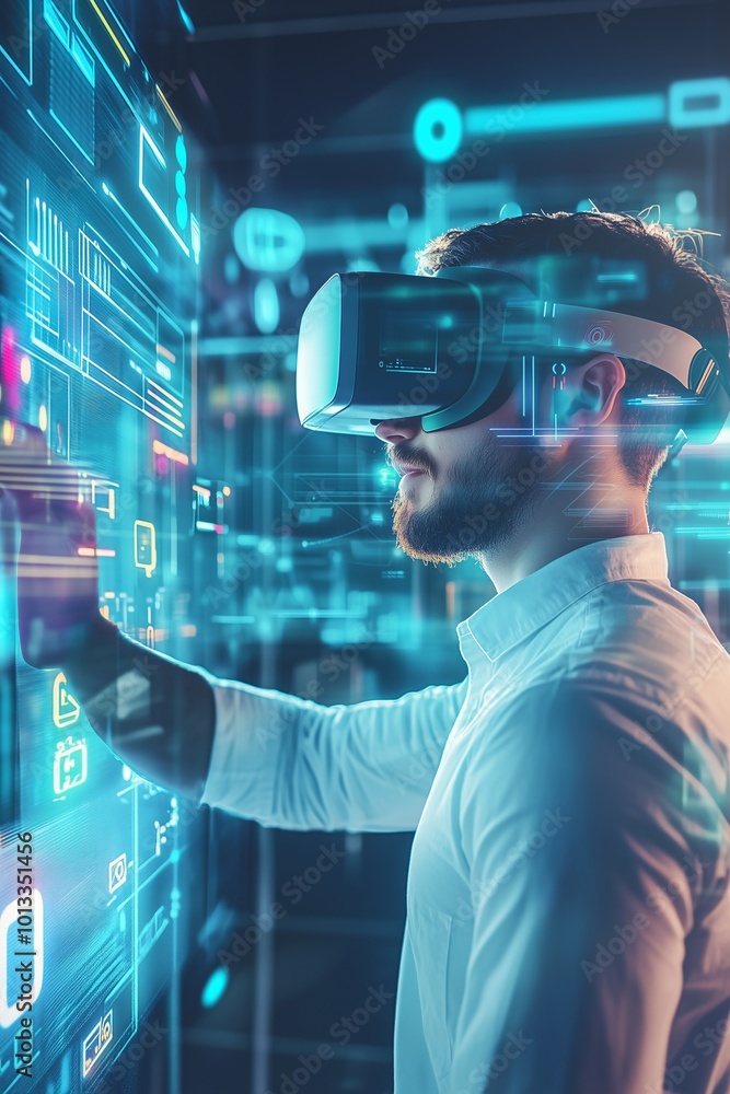 Man Wearing VR Goggles in Tech Lab, Immersed in Futuristic Digital Environment with Data Projections and 3D Interfaces Man Wearing VR Goggles in Tech Lab, Immersed in Futuristic Digital Environment with Data Projections and 3D Interfaces