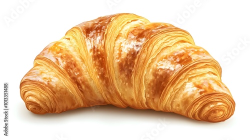 Realistic close-up of a croissant with flaky, golden layers on a white background, showcasing its buttery texture and crispy surface