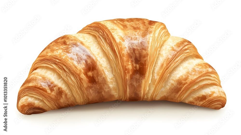 Realistic close-up of a croissant with flaky, golden layers on a white background, showcasing its buttery texture and crispy surface Realistic close-up of a croissant with flaky, golden layers on a white background, showcasing its buttery texture and crispy surface
