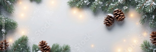 Pine branches with snow, pine cones, and soft lights on gray background. Banner, background for Christmas, winter photo