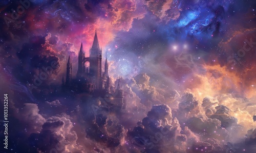 Angelic citadel floating amidst nebulous hues of cosmic splendor, 4K hyperrealistic photo