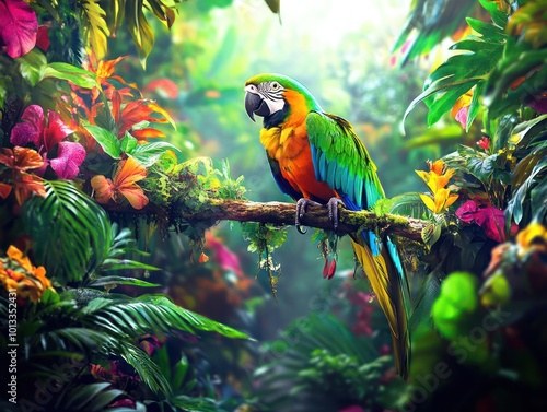 Adventurous parrot perched on a branch in a lush rainforest photo