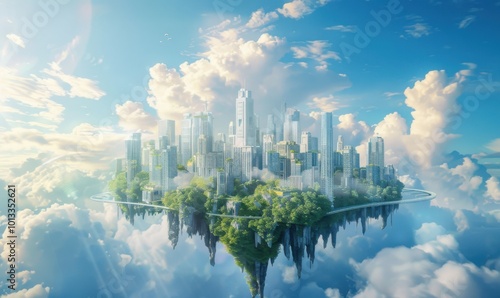 Futuristic floating city on an island, sleek skyscrapers with advanced technology, interconnected by glass bridges, hovering in a bright blue sky with white fluffy clouds, 4K hyperrealistic photo