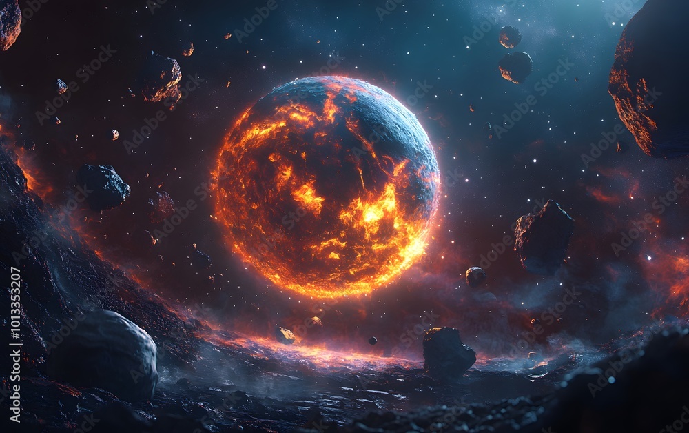 Fototapeta premium Fiery apocalyptic planet in deep space