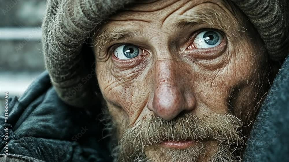 Portrait of an elderly man with blue eyes wearing a beanie Portrait of an elderly man with blue eyes wearing a beanie