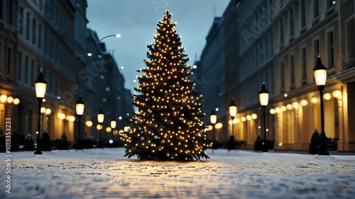 Illuminated Christmas tree in a snowy city street symbolizing holiday spirit and winter festivity