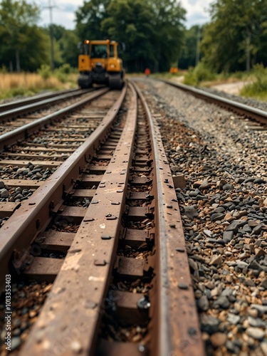 New railroad tracks being laid, with a Liebherr excavator nearby. photo