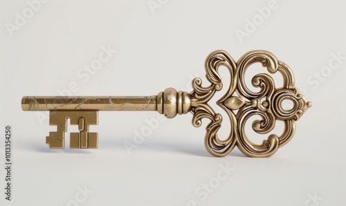 Ornate antique key, white background, 4K hyperrealistic photo