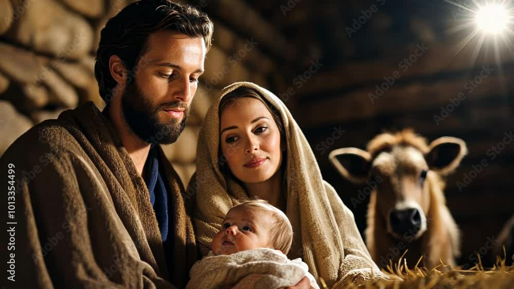 A Caucasian couple with a baby in a stable setting, symbolizing nativity and Christmas A Caucasian couple with a baby in a stable setting, symbolizing nativity and Christmas