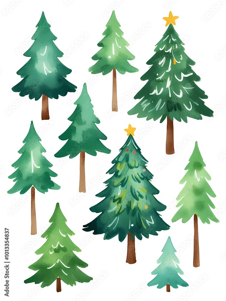Watercolor christmas tree, pine tree, xmas clipart, christmas card invitation, decor, gift box, white background Watercolor christmas tree, pine tree, xmas clipart, christmas card invitation, decor, gift box, white background