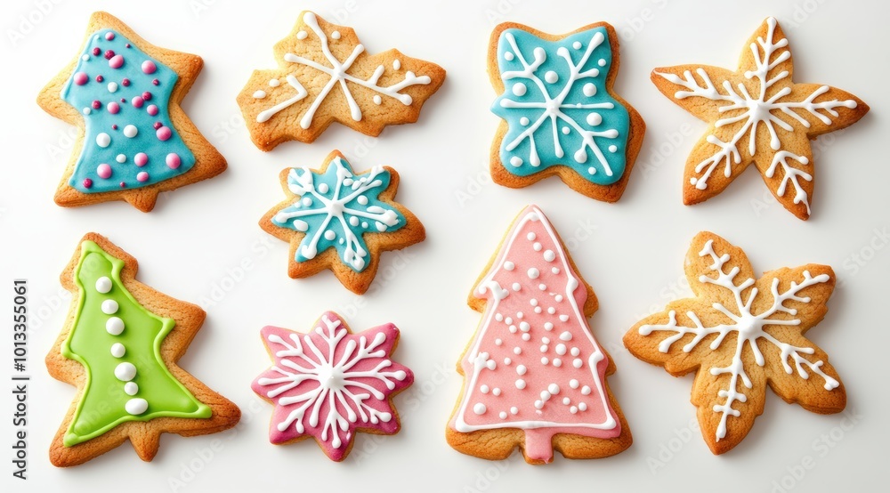 A set of Christmas cookies in festive shapes (stars, trees, snowflakes) decorated with colorful icing, neatly arranged on a white background. A set of Christmas cookies in festive shapes (stars, trees, snowflakes) decorated with colorful icing, neatly arranged on a white background.