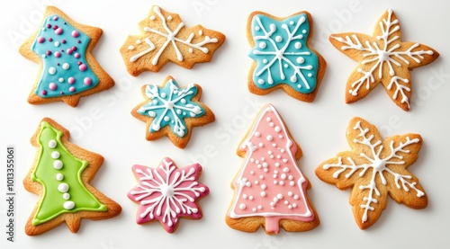 A set of Christmas cookies in festive shapes (stars, trees, snowflakes) decorated with colorful icing, neatly arranged on a white background. 