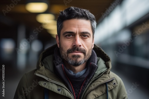 Portrait of a man with a beard and mustache in the city