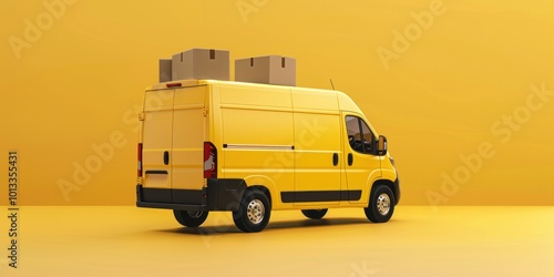  espress delivery concept. Rear view of yellow delivery van with cardboard boxes on yellow background. photo