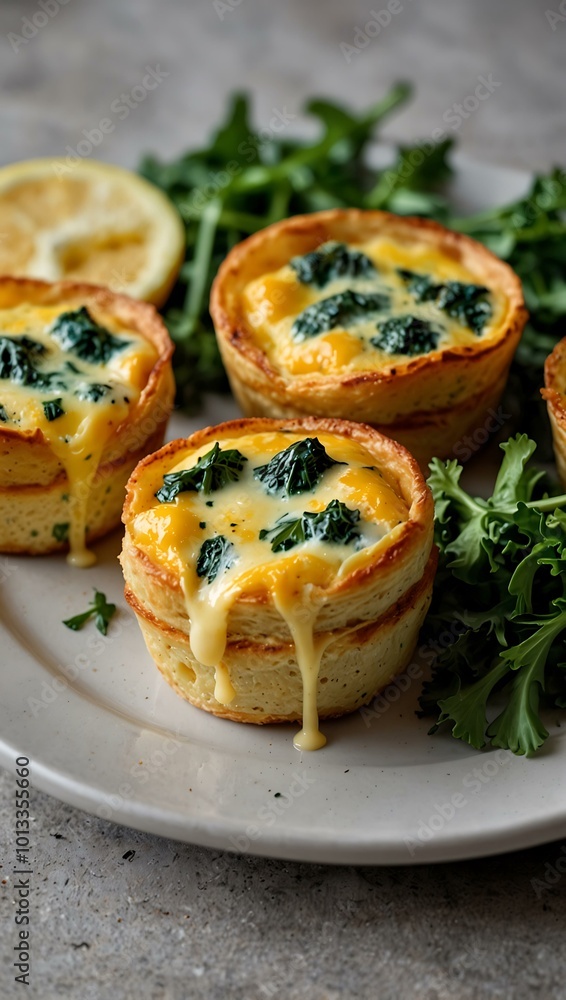 Omelette cups with fresh greens and melted cheese. Omelette cups with fresh greens and melted cheese.