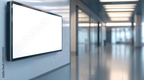 A blank digital display in a modern, well-lit office corridor.