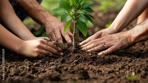 Multigenerational family planting trees together in a community park, hands covered in soil, creating a lasting legacy for future generations as the children run around, full of energy