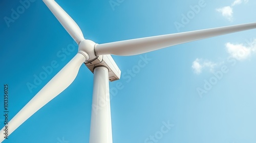 Close-up of a wind turbine against a clear blue sky, showcasing renewable energy.