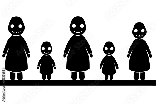 Creepy Dolls Lined Up on a Shelf Silhouette Vector Illustration